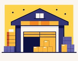 Flat Illustration Of A Warehouse Building With Boxes And Packages Inside vector