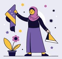 Muslim Woman In Hijab Holding Abstract Geometric Shapes In Minimalist Design vector