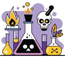 Halloween Science Illustration Featuring Skull And Potions Flat Design vector