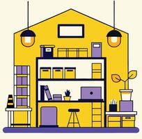 Trendy Home Office Interior Minimalist Design In Yellow And Purple Hues vector