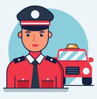 Flat Illustration Of A Smiling Taxi Driver With A Red Taxi vector