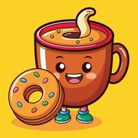 Cartoon Coffee Cup Character With Smiling Face And Donut On Yellow Background vector