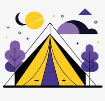 Stylized Camping Scene With Tent Moon And Trees Flat Illustration vector