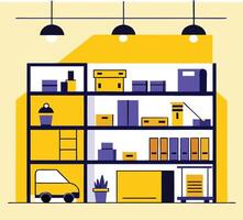 Stylized Illustration Of Shelves Filled With Various Items In Flat Design vector