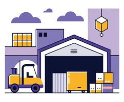 Warehouse With Forklift Boxes And Cargo Crane In Modern Flat Style vector