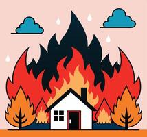 House Surrounded By Fire Illustration With Clouds And Raindrops vector