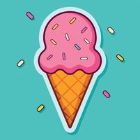 Strawberry Ice Cream Cone With Sprinkles On A Turquoise Background Illustration vector