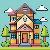 Cartoon Style Three Story House Illustration With Trees And Clouds In Yard vector