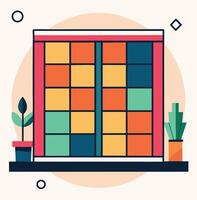 Colorful Window Frame With Plants And Geometric Shapes In Illustration vector