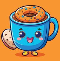 Cute Coffee Cup Character With Donut And Cookie On Orange Background vector