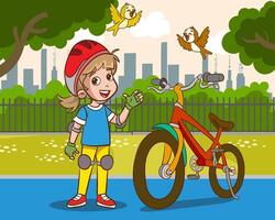 illustration of happy little girl having fun in the park on a sunny day, riding a bicycle and waving vector