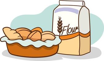 of Flour Package and Breads on White Background. vector