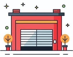 Illustrated Modern Warehouse Building With Trees And Sparkling Stars Graphic vector