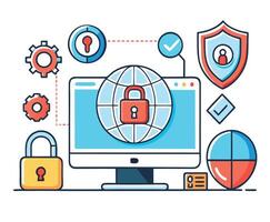 Internet Security Illustration With Padlock On Monitor And Protective Elements vector