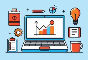 Creative Workspace With Laptop Graph And Business Icons On Light Blue Background vector
