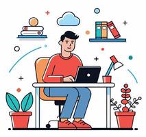 Man Working On Laptop At Desk Surrounded By Plants And Books Illustration vector