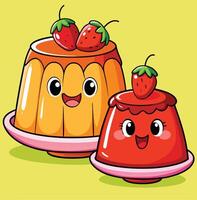 Cute Strawberry Pudding Character Illustration With Happy Smiling Faces On Yellow Background vector