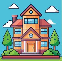 Two Story House Cartoon Illustration With Trees And Sky Background vector
