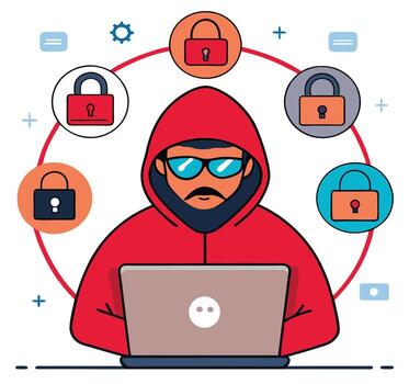 Hacker Using A Laptop Surrounded By Security Padlocks In Cartoon Style vector
