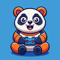 Cartoon Panda Character Enjoying Game With Controller On Blue Background vector