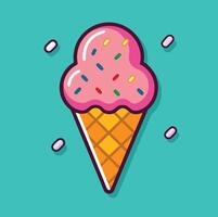 Cartoon Style Pink Ice Cream Cone With Sprinkles On Blue Background vector