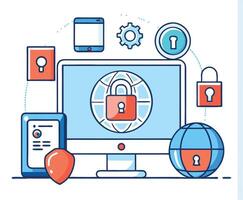 Digital Security Illustration Of Computer Devices Representing Network Safety Solutions vector