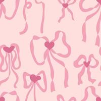 Flat style coquette ribbon bow with hearts seamless pattern. Aesthetic print for fabric, paper, textile. Hand drawn illustration. vector
