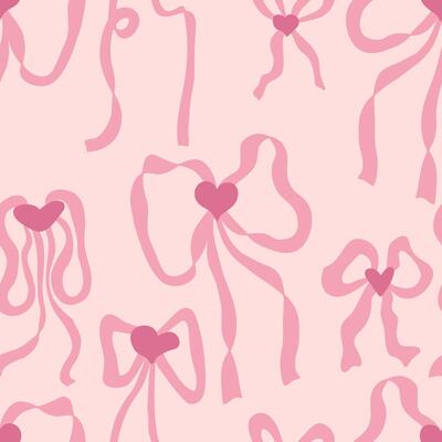 Flat style coquette ribbon bow with hearts seamless pattern. Aesthetic print for fabric, paper, textile. Hand drawn illustration.