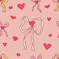 Coquette ribbon bows and hearts seamless pattern. Delicate girly print for fabric, paper, textile. Hand drawn illustration. vector