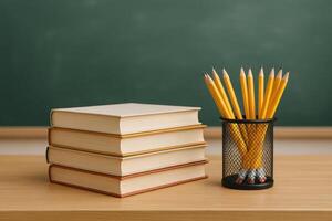 Stack of Books and Pencils on a Desk in a Classroom Setting photo