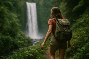 Woman Hiking Towards a Waterfall in a Lush Forest During a Sunny Day photo