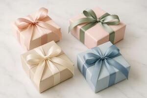 Colorful Gift Boxes Arranged Elegantly on a Light Background for Special Occasions photo