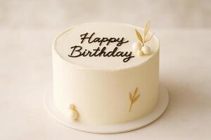 Delicate White Birthday Cake With Elegant Decorations and Joyful Message at a Celebration Party photo