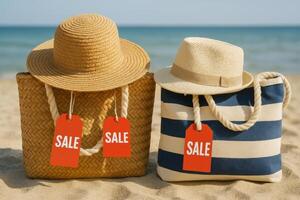 Stylish Beach Bags and Hats on Sandy Shoreline With Ocean in the Background During Summer Sale photo