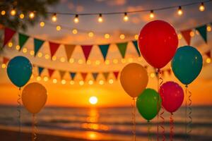 Colorful Balloons and Bunting During Sunset at Beach Celebration photo