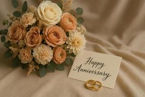 Bouquet of Flowers With Rings and Anniversary Card on Soft Fabric Background in Warm Setting photo