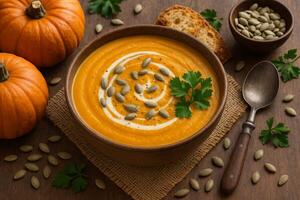 Delicious Pumpkin Soup With Seeds and Herbs Served on a Wooden Table photo
