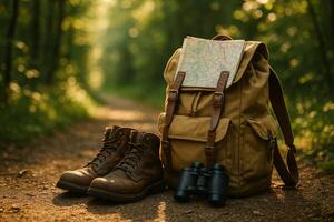 Hiking Gear Rests on a Forest Trail Surrounded by Lush Greenery and Warm Sunlight Illuminating the Path photo