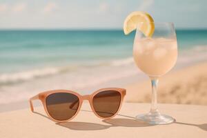 Refreshing Drink and Sunglasses by the Beach on a Sunny Day photo