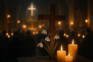 Candlelight Vigil With Flowers and Cross in a Quiet Cathedral During Evening Service photo