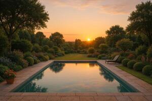 Sunset View Over a Tranquil Garden Pool in a Serene Landscape With Rich Greenery photo
