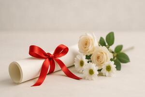 Elegant Scroll Tied With a Red Ribbon and Bouquet of White Roses and Daisies on a Light Background photo
