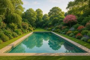Tranquil Garden Setting With a Serene Swimming Pool Surrounded by Lush Greenery and Vibrant Flowers photo