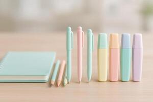Stationery Collection With Pastel Colored Pens and Notebook on a Wooden Table During Daylight photo