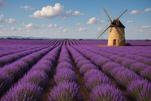Lavender Field With Windmill Under a Blue Sky During Mid-Afternoon photo