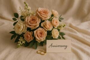 Elegant Floral Arrangement With Rings and Anniversary Card on Soft Fabric Background photo
