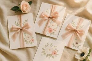 Handcrafted Floral Invitations Arranged on a Soft Fabric Backdrop in a Natural Light Setting photo