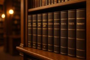 Classic Leather-Bound Law Books Arranged on a Wooden Shelf in a Vintage Library During Evening Hours photo
