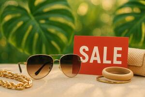 Stylish Sunglasses and Accessories Displayed With Sale Sign in Vibrant Green Setting photo