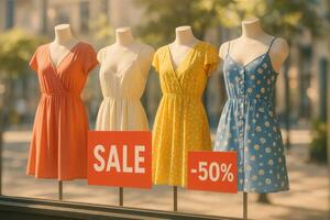 Summer Dresses on Sale in Vibrant Display at Store Window Showcasing Fashion Trends photo